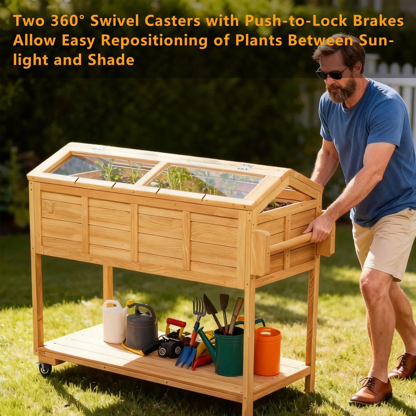 Raised Garden Beds on Wheels with Legs and Cover Elevated Herb Planter Box Cart Outdoor with Bed Liner,Storage Shelf,Seed Starter Tray for Backyard Patio Gardener Porch Outside (Country Rustic)