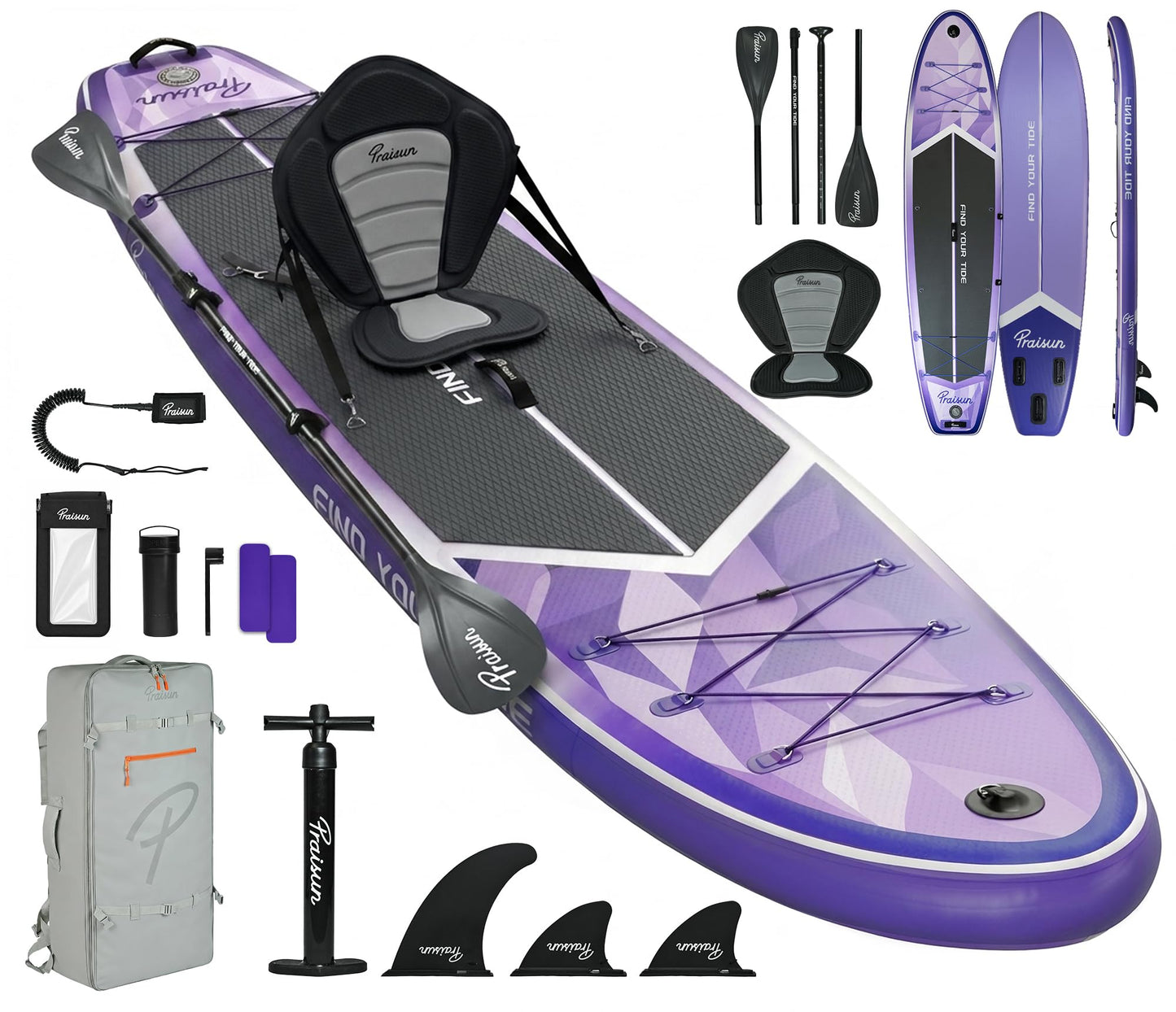 PRAISUN 12’ x 35” Inflatable Paddle Board, 450lbs Extra Wide Stand Up Paddleboard for Youth/Adults of All Skill Levels, Stable SUP with Seat & Full Kit, for Fishing, Yoga, Lake & Ocean, Purple