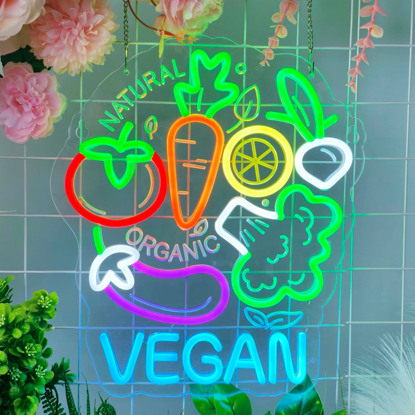 JOMOBUTY Vegan Neon Sign, Neon Lights Hanging Wall Art Decoration for Business Restaurant Shop Store Bar Cafe Party Home Decor, USB Powered Ultra Bright Dimmable,14.57×12.6inches
