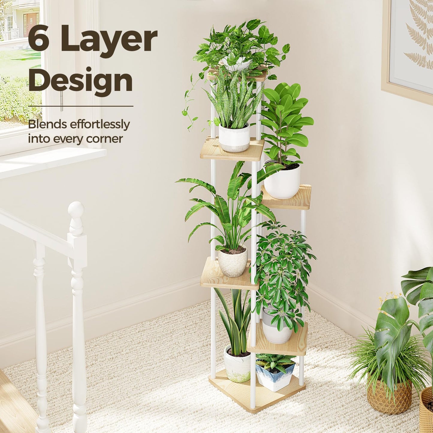 Bamworld White Plant Stand Indoor 6 Tier Metal Plant Shelf for Multiple Plants Tall Flower Stand for Patio Garden Balcony Living Room Bedroom