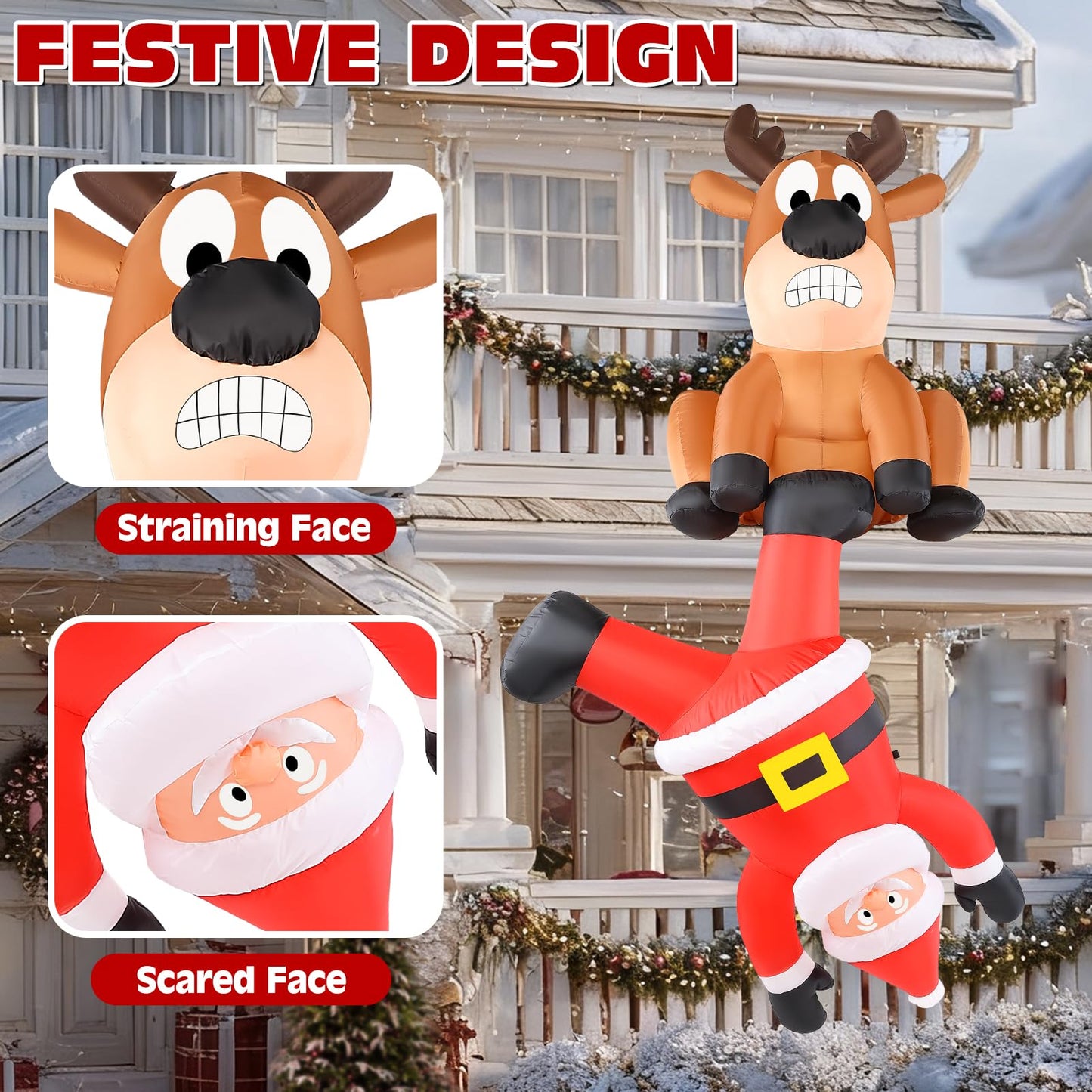 Christmas Inflatable Roof Outdoor Decorations, 8FT Inflatables Reindeer & Climbing Santa, LED Lights Blow up Holiday Hanging Decor for Window Indoor Rooftop Outside Balcony Garden Restaurant Café