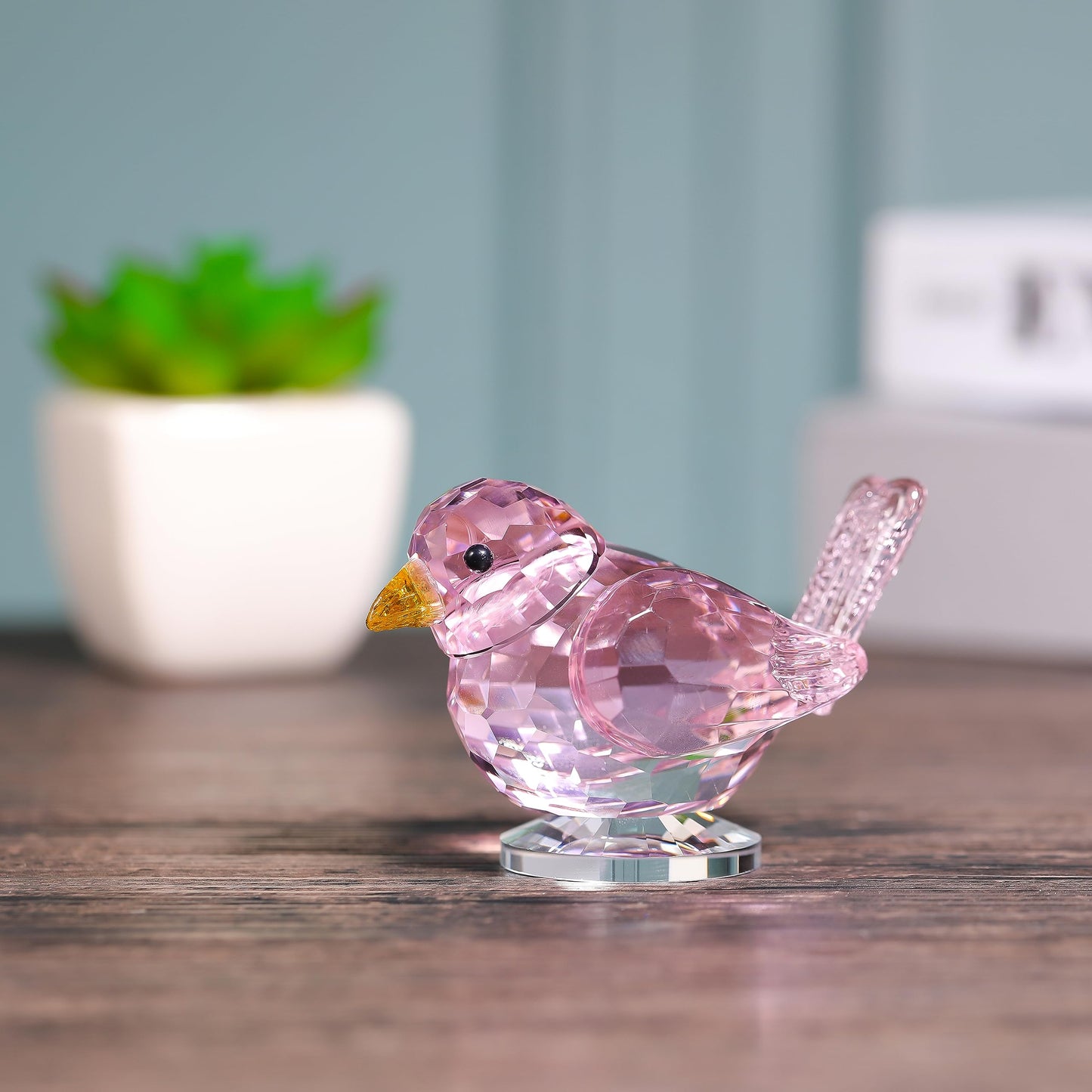 Qianwei Pink Crystal Bird Figurine Collectible - Handmade Glass Animals Figurines Crystal Office Desk Table Home Decor Paperweight