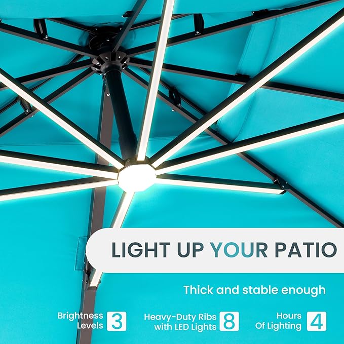 10 X 13 FT Cantilever Patio Umbrella with Led Lights and Base Included Outdoor Heavy Duty Double Top Rectangle Offset Umbrellas with 360-degree Rotation for Pool Deck Backyard, Turquoise