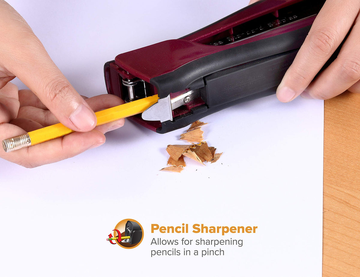 Bostitch Office Dynamo 4 in 1 Standup Stapler, Includes 420 Staples, 20 Sheet Capacity, Integrated Pencil Sharpener, Staple Remover & Staple Storage, Magenta