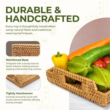 Rattan Serving Tray with Handles (11.4 x 16.9 x 2 in) – Handwoven Wicker Tray for Coffee Table, Breakfast, Ottoman & Home Decor, Natural Woven Tray