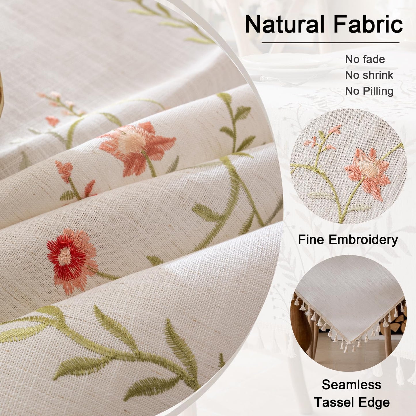 Joyfol Day Linen Spring Flowers Tablecloth with Tassels, Rustic Farmhouse Embroidery Waterproof Table Cloths for Rectangle Tables, Heavy Weight Spill-Proof Table Covers, Pink Florals, 55''x 102''