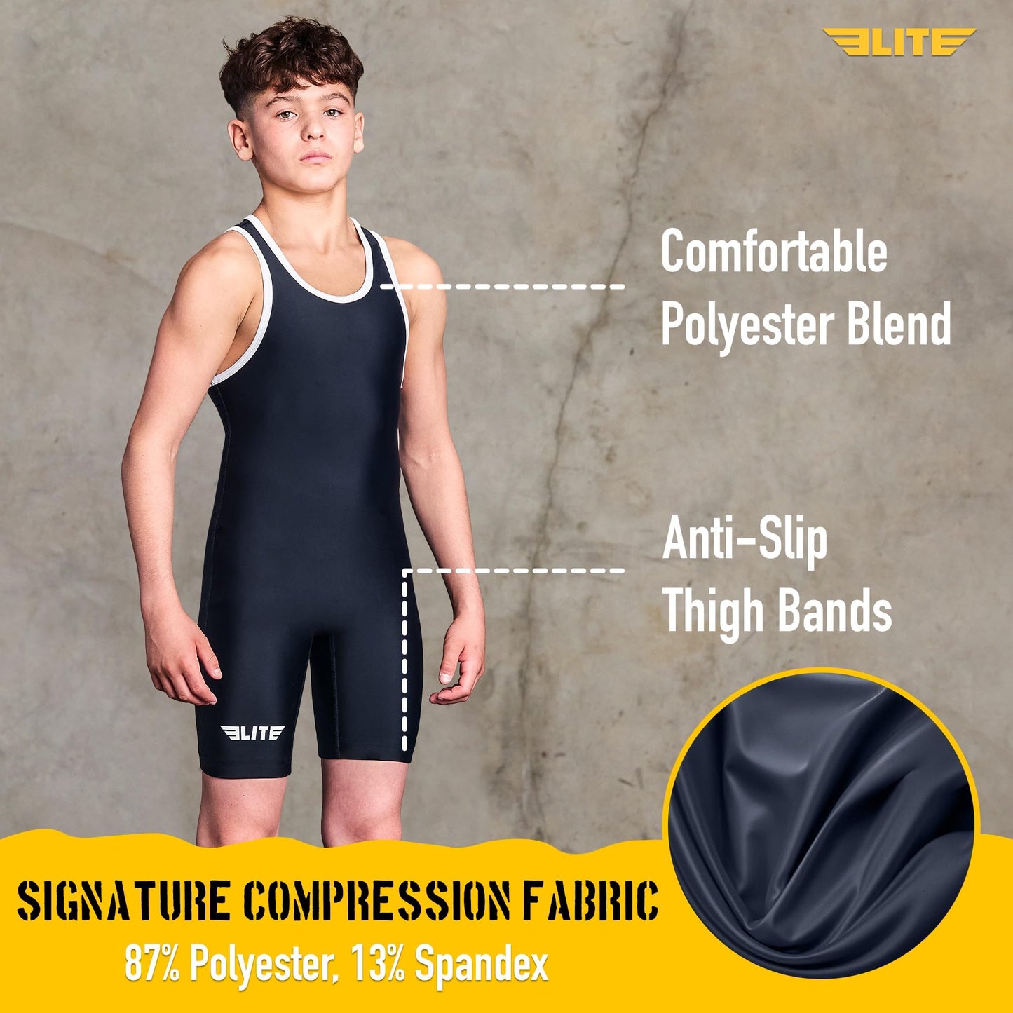 Elite Sports Kids Wrestling Youth Singlet, Standard Boys Wrestling Singlets (Black, Large)