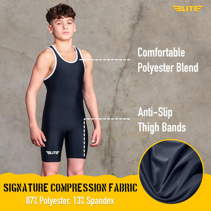 Elite Sports Kids Wrestling Youth Singlet, Standard Boys Wrestling Singlets (Black, Large)