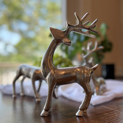 WHW Whole House Worlds Rustic Reindeer Figurines, Set of 3, Handmade, Cast Silver Aluminum, 8.75 Inches