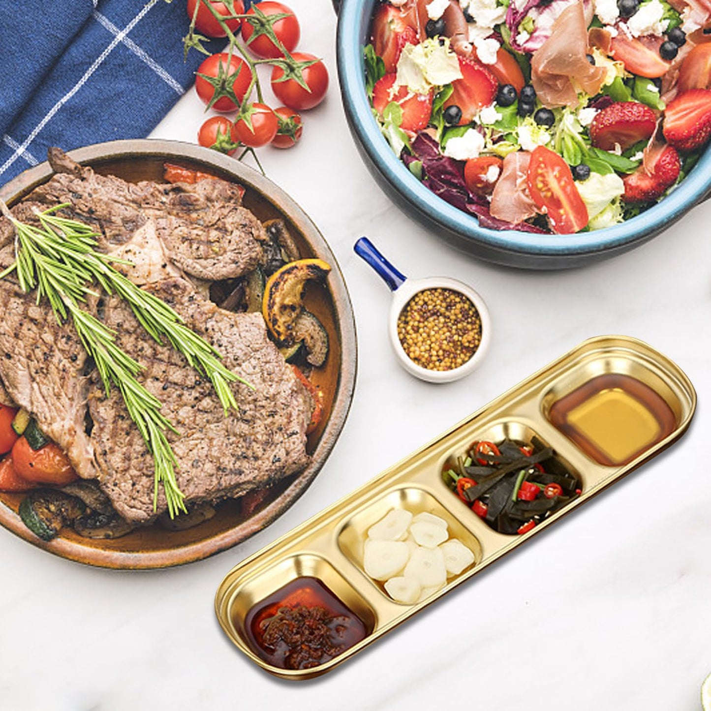 EATAKWARD 4 Pcs Stainless Steel Sauce Dish, Divided Dipping Plates, Divided Seasoning Sauce Dip Bowl, 1/2/3/4 Compartment Sauce Vinegar Seasoning Dishes, Vinegar Soy Spice Condiment Tray for Home