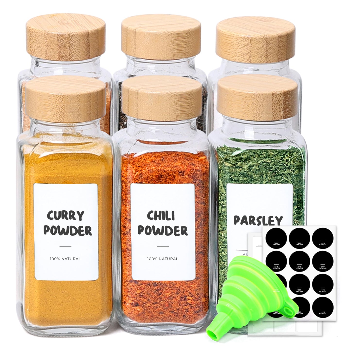 ComSaf 8 oz 6Pcs Glass Spice Jars with Label, Empty Spice Containers with Bamboo Lids, Square Seasoning Containers Trial and Supplement Set, Small Seasoning Bottles for Salt, Herbs, Sugar, Pepper