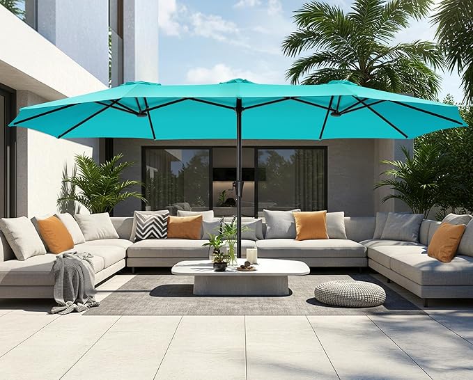 SUPERJARE 15FT Outdoor Umbrella for Patio, Double sided Pool Umbrellas with Fade Resistant Canopy, Large Table Umbrella for Deck, Market, Backyard - Light Blue