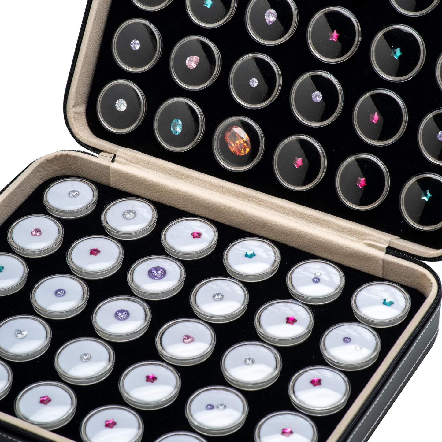 Giftop 60 PCS Gemstone Display Collection Storage Box with Clear Lid for Gems Diamond and PU Leather Black Bag Holder Container (Black-60pcs)