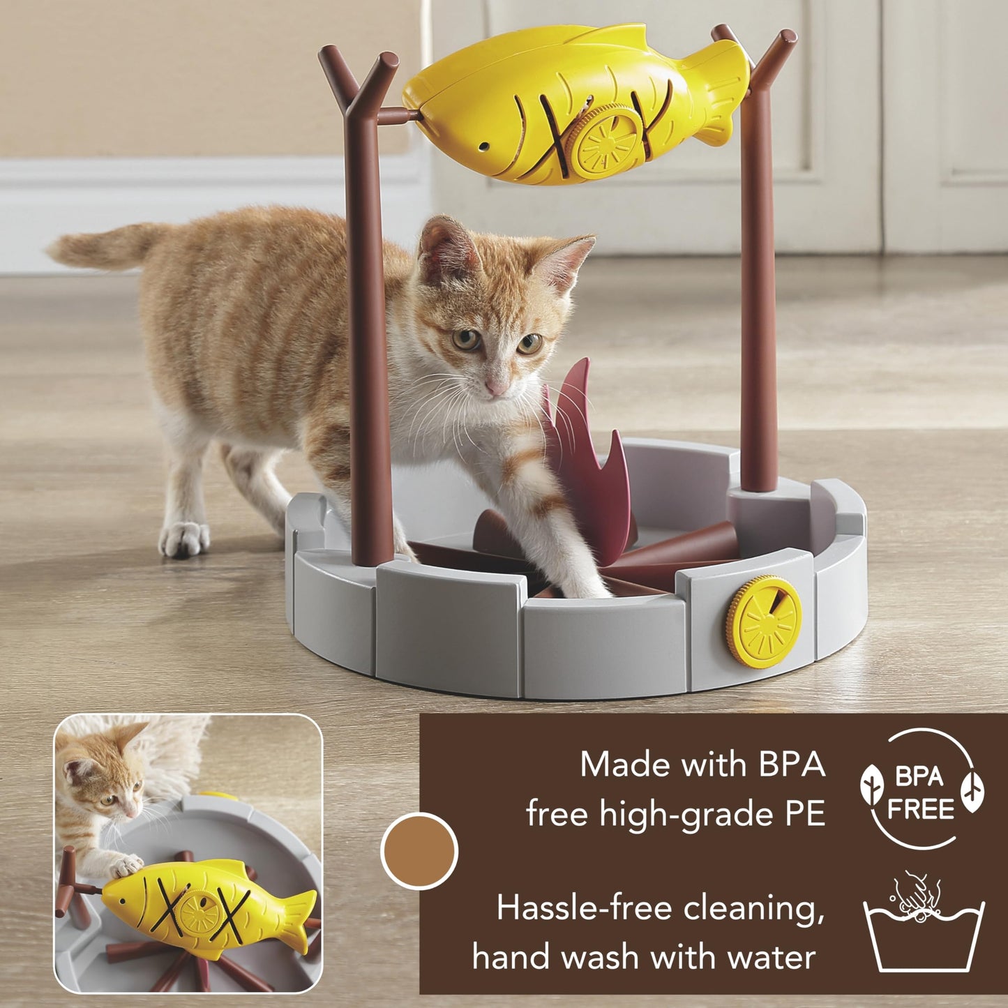 PetPals 11" High Cats Treat-Dispensing Slow Feeder,Pets Dry Food Dispenser,Cats Slow Feeding Snack Bowl, Grilled Fish Spinning Toy, Food Puzzle Cat Toy