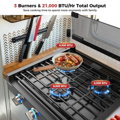 CAMPLUX Classic RV Stove 3 Burners 21,000 BTU, 21 Inches Propane Cooktop with Tempered Glass Cover, RV Stove Top, Slide-in for Camper Trailers, Motorhomes, and Boats, Black RGH21IB