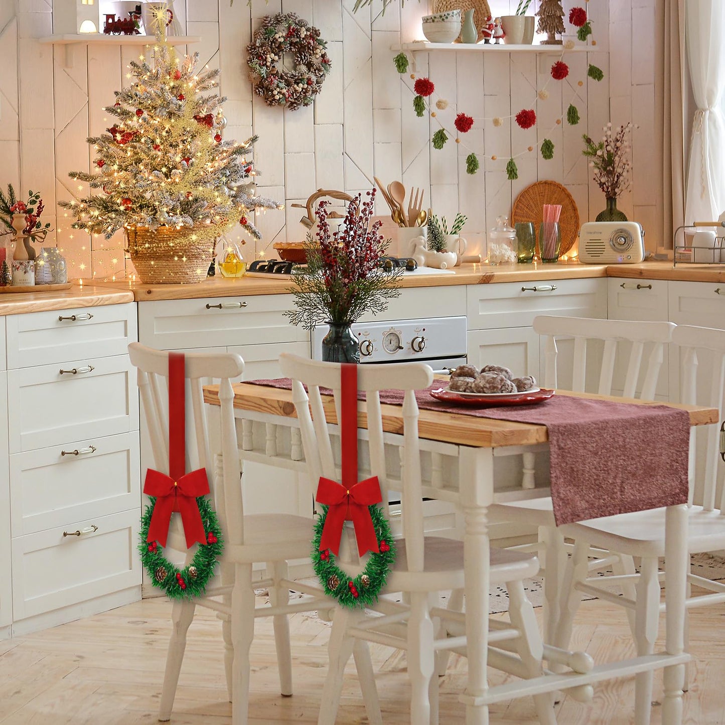 10 Pcs 6" Small Christmas Kitchen Cabinet Wreaths with Ribbon Mini Kitchen Cabinet Christmas Decor for Window Door (Velvet Red)