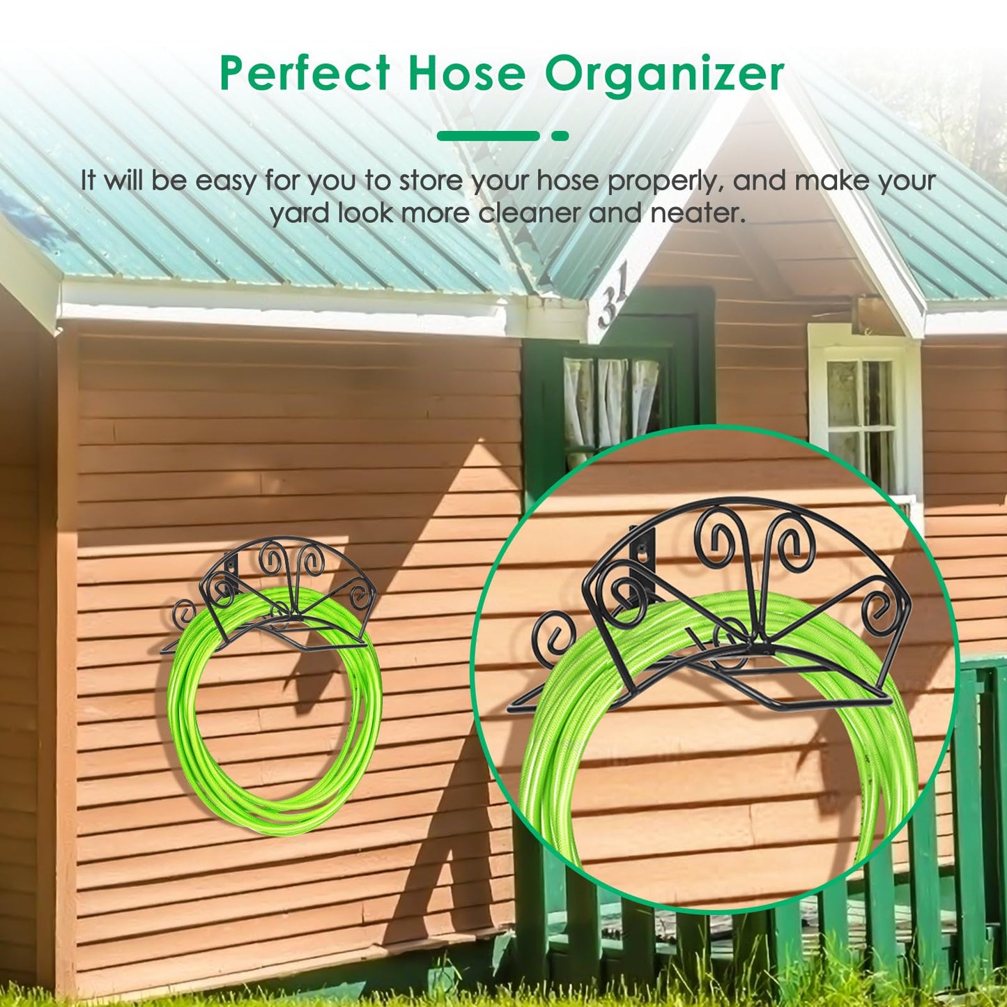 TomCare Garden Hose Holder Heavy Duty Water Hose Holder Solid Metal Hose Hanger Wall Mount Decorative Durable Garden Hose Storage Hose Reel Hose Organizer for Outside Yard, Black