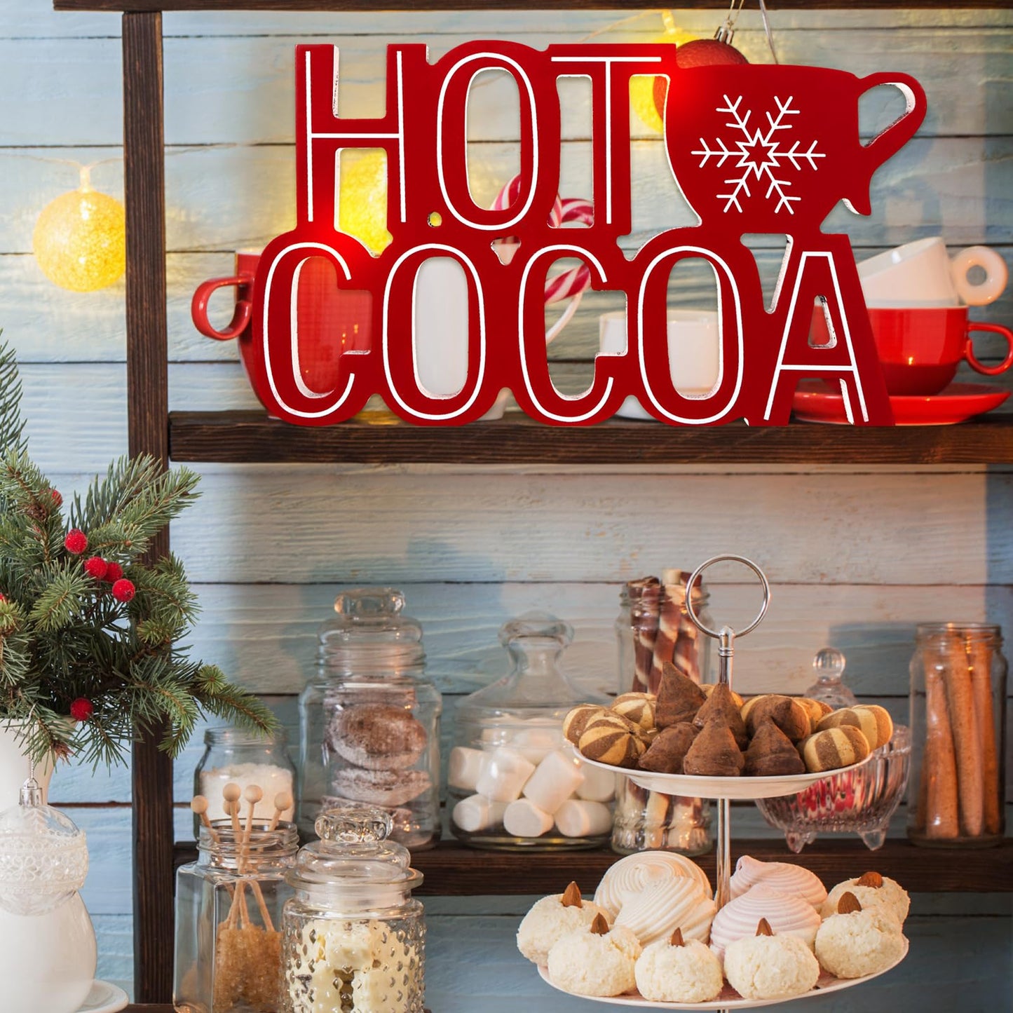 Roowest Christmas Hot Cocoa Bar Sign, Hot Cocoa with Mug Words Wood Tabletop Decoration Coffee Bar Wooden Block Sign for Table Shelf Home Kitchen Coffee Shop