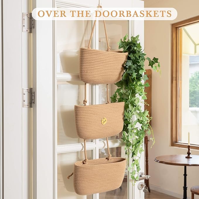 TeoKJ Over the Door Hanging Basket, 3-Tier Woven Cotton Wall-Mounted Storage