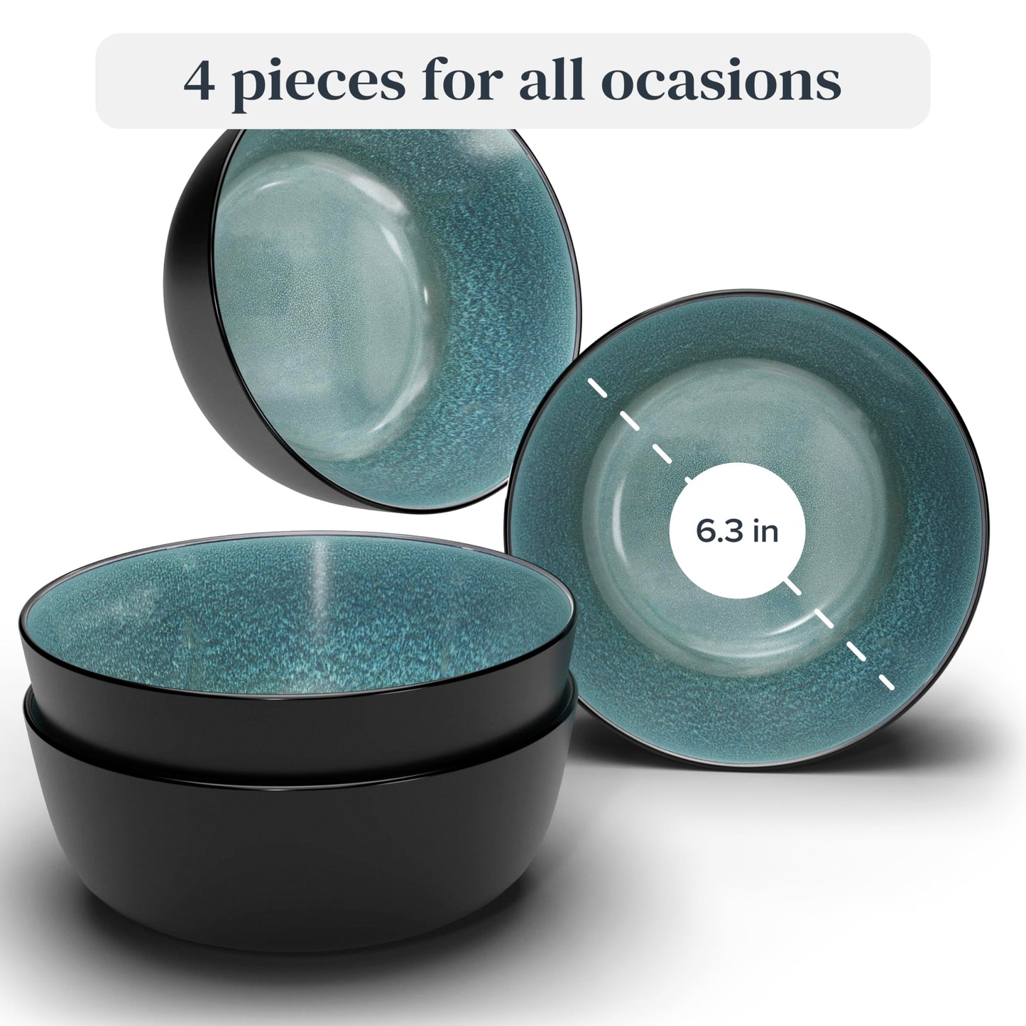 Stoneware large soup bowls set 4 pcs – 27 oz dark petrol blue pasta & cereal bowls 5.5" – Dishwasher and microwave safe – Modern kitchen bowl set – Dinner service Pure Living