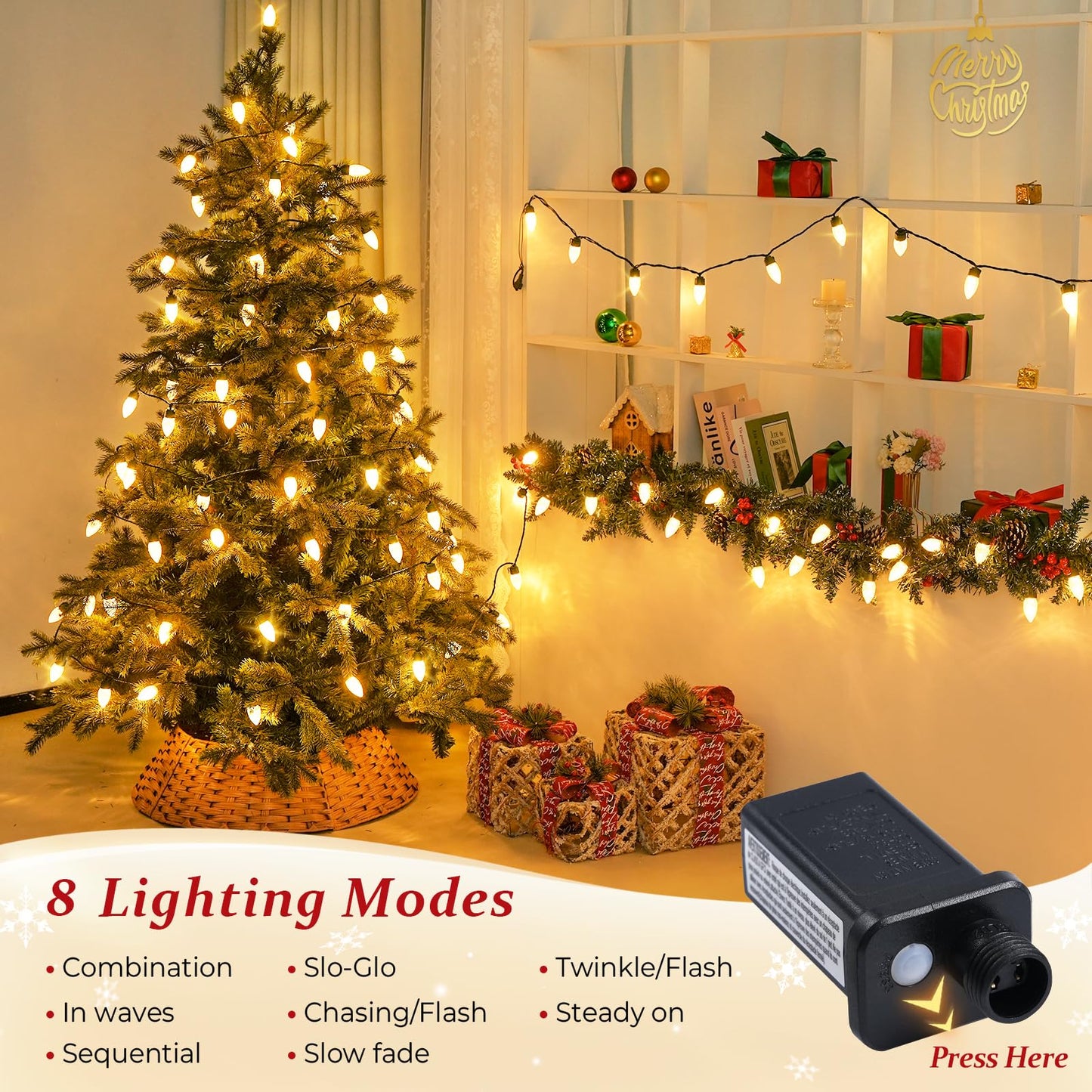 JMEXSUSS 100 LED C9 Christmas Lights Outdoor: 66 FT 8 Modes Plug in Connectable C9 Warm White Christmas Lights for Tree Roof Eaves Garden Decor