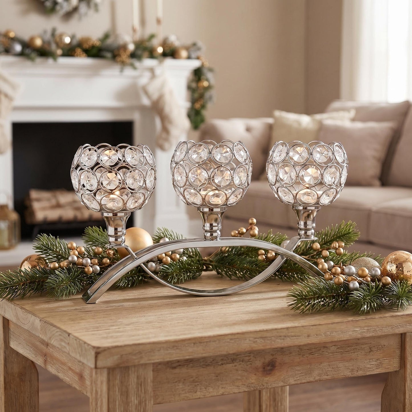 3-Arm Arched Crystal Candelabra, Sliver Candle Holder Table Centerpiece for Wedding, Home Decor, Dining, Party, Thanksgiving & Christmas Decoration(2PCS)