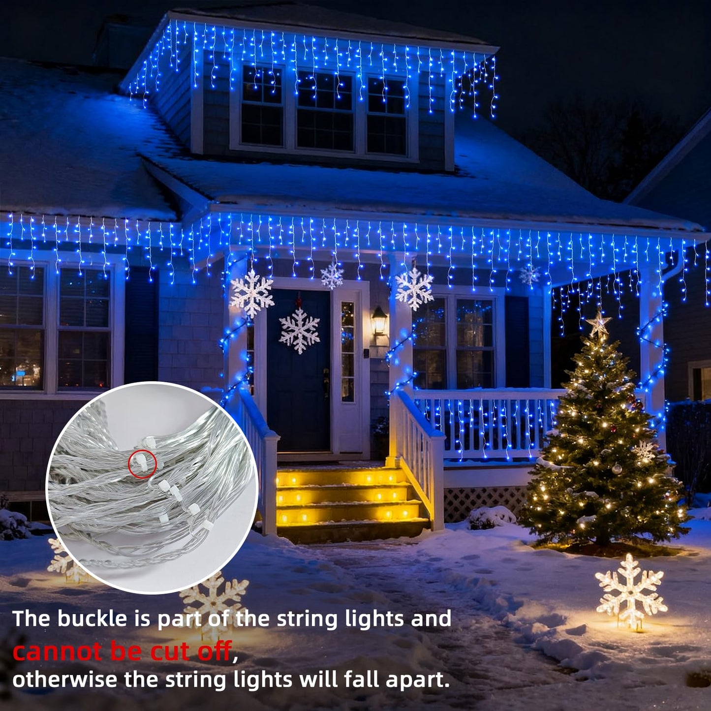 BYIZO Christmas Outdoor Icicle Lights - 200 LED 21+16 FT 8 Modes Curtain Fairy String Light Plug in, Waterproof for Eaves Yard Holiday Xmas Holiday Indoor Outdoor Decoration - Blue