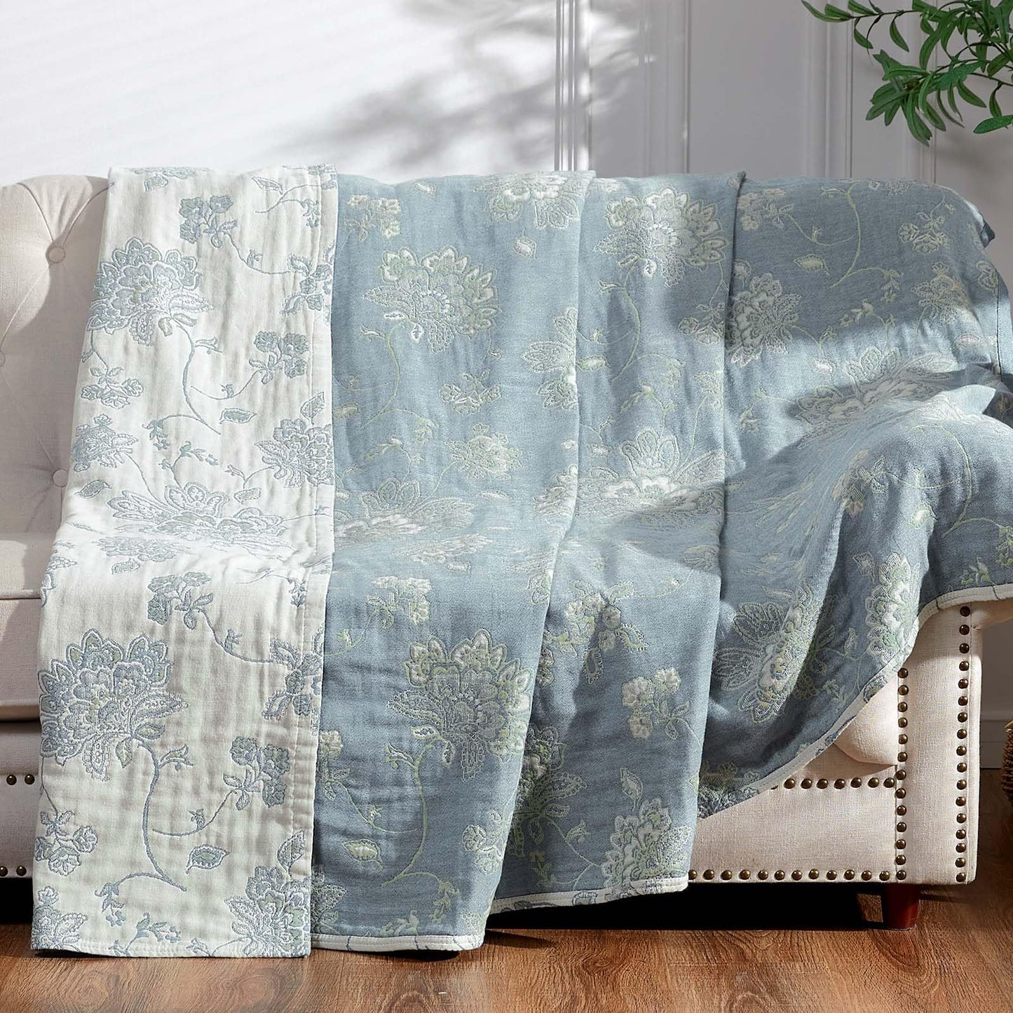 jinchan Boho 100% Cotton Muslin Twin Size 50x60 Inches Blanket Lightweight 4-Layer Quilted Soft Blue and White Floral Throw Blanket Green Accents Reversible Comfy Flower Breathable Summer Couch