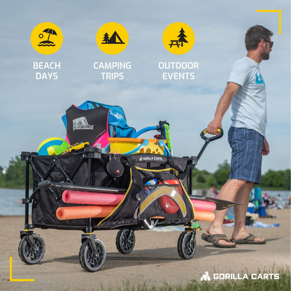 Gorilla Carts 7 cu ft 185L Capacity Foldable Festival Wagon Collapsible Durable All Terrain Utility Pull Camping Wagon with Oversized Bed and Built-in Cup Holders, Garden Trolley Black Load up to 70kg