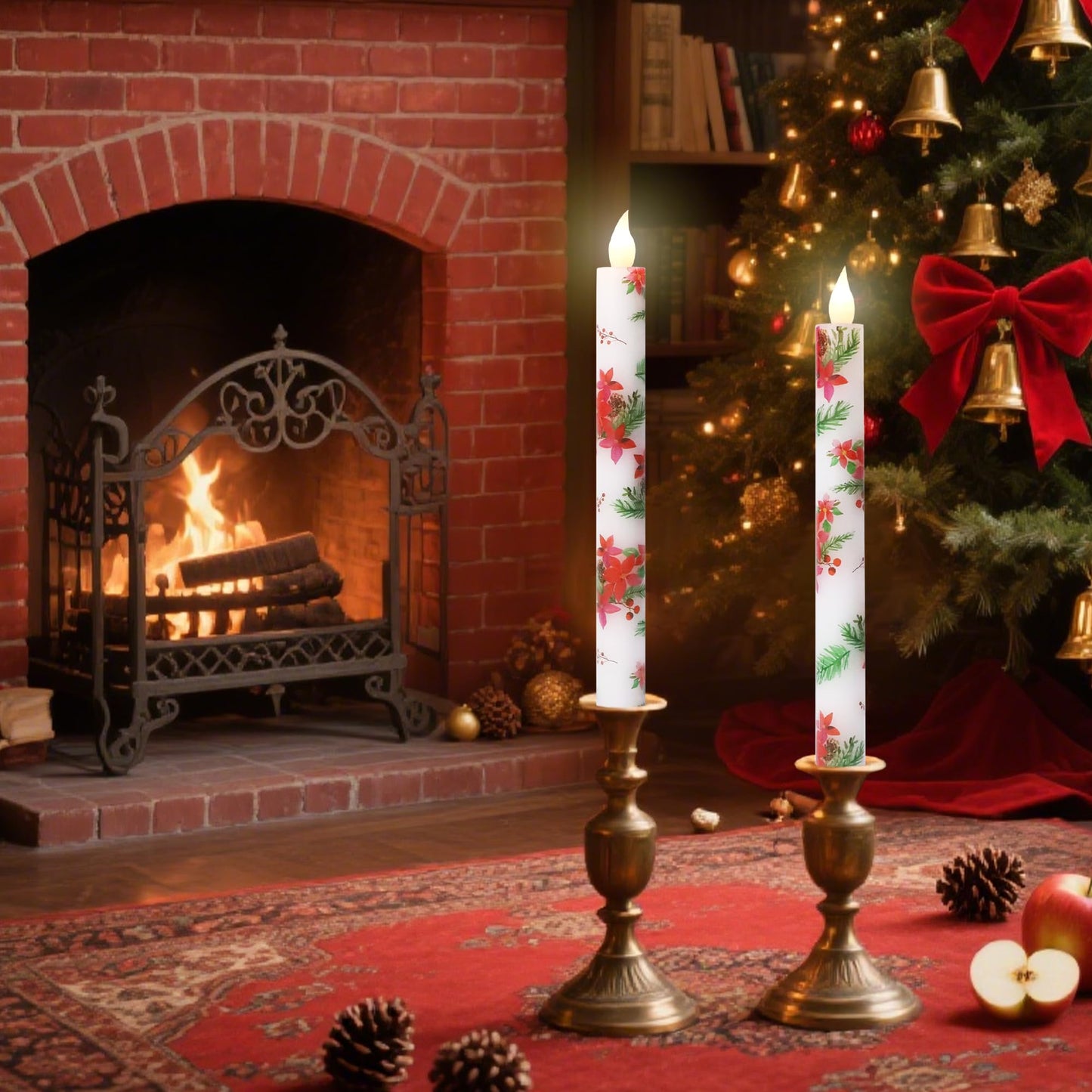Holitown Christmas Flameless Taper Candles 2 Pack Christmas Poinsettia Flowers Battery Operated Candle with Remote Real Wax Flickering LED Fake Candle Home Decor for Xmas New Year Wedding Party