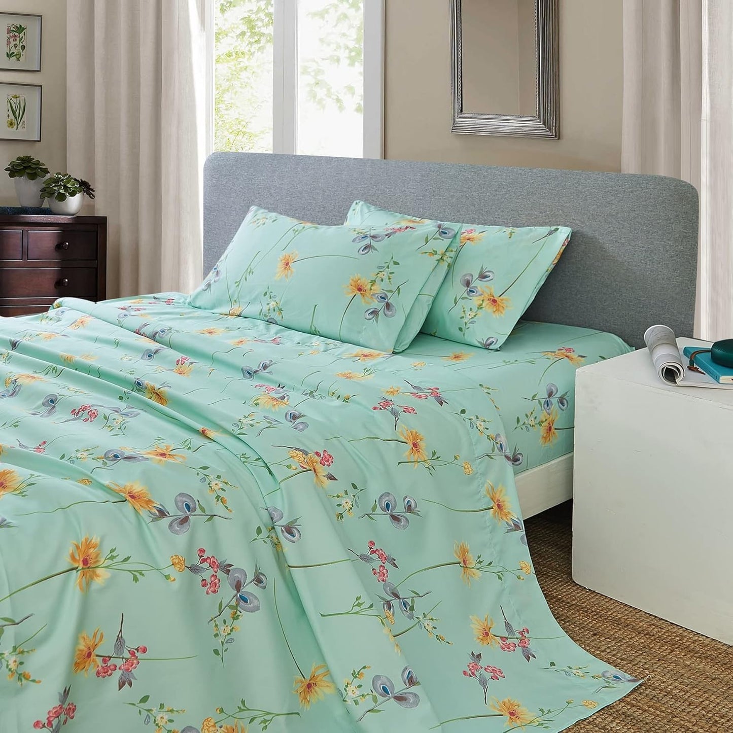 JSD Green Floral Printed Sheet Set Full Size, 4 Piece Soft Botanical Microfiber Sheets Extra Deep Pocket