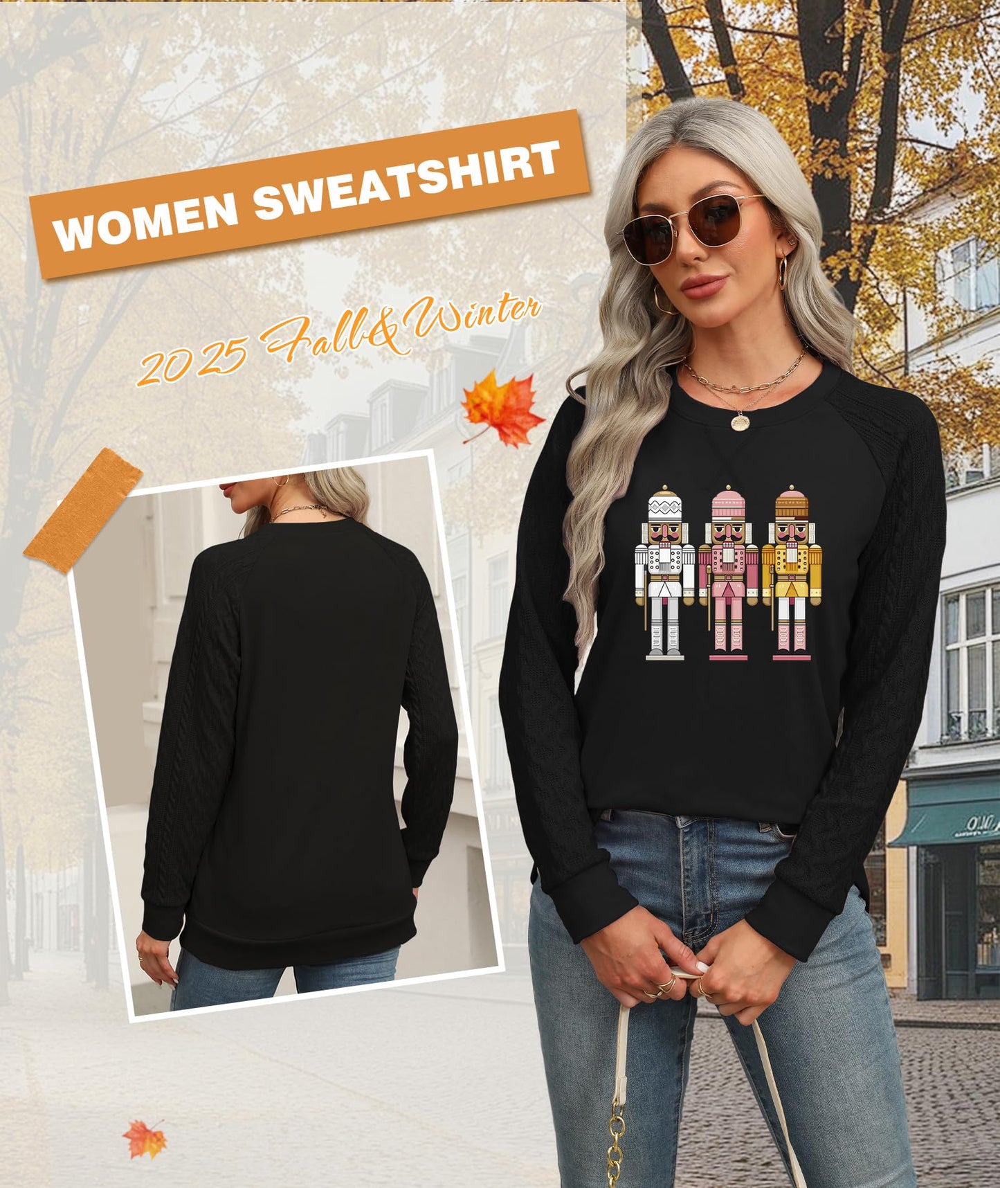 Ohhettm Sweatshirt for Women Crewneck 2025 Fashion Cable Knit Long Sleeve Loose Lightweight Sweater Fall Pullover Blouses Top Xmas Black 2XL