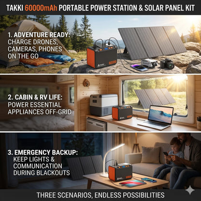 Takki Solar Generator 250W Portable Power Station with 40W Solar Panels 222Wh Pure Sine Wave Camping Lithium Battery Power Pack with AC 110V Outlet for Camping CPAP Home Use Emergency Outdoor