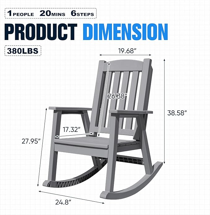 Devoko PP Material Rocking Chair Outdoor Indoor All Weather High Back Patio Rocker for Adult Heavy Duty Rocking Chair for Patio Backyard Porch Garden (Heavy Duty, Gray)