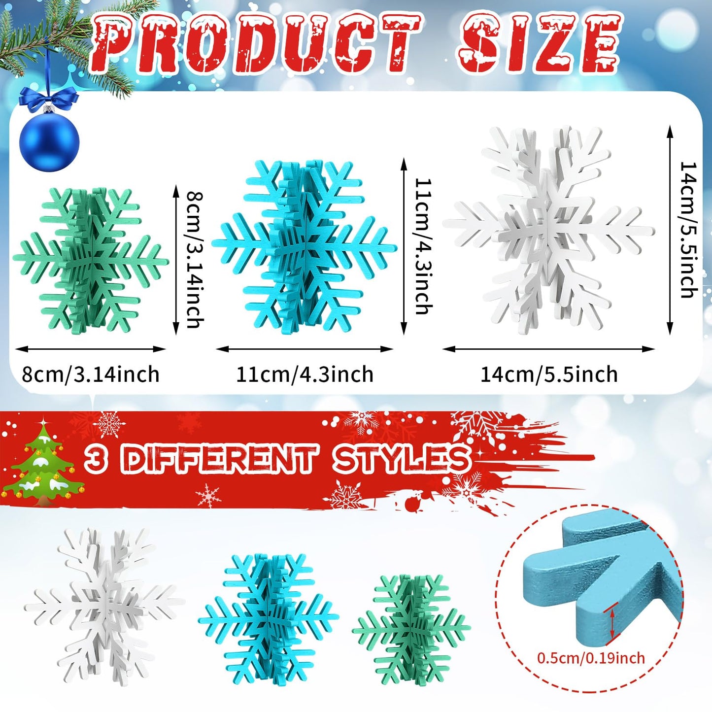 Bucherry 12 Pcs Wooden Snowflake Table Decor 3D Snowflake Tabletop Signs and Centerpiece for Frozen Party Christmas Xmas Winter Wonderland Decorations Home Office Mantel(White, Blue, Green)
