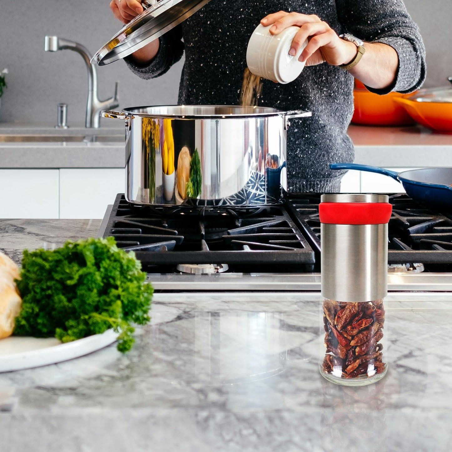 Chili Pepper Mill Grinder, Manual Spice Grinding Mills with Handle for Hot Cumin, Sea Salt or Pepper, Professional Chef Refillable Glass Body, Small 3Oz Capacity, Stainless Steel Blades