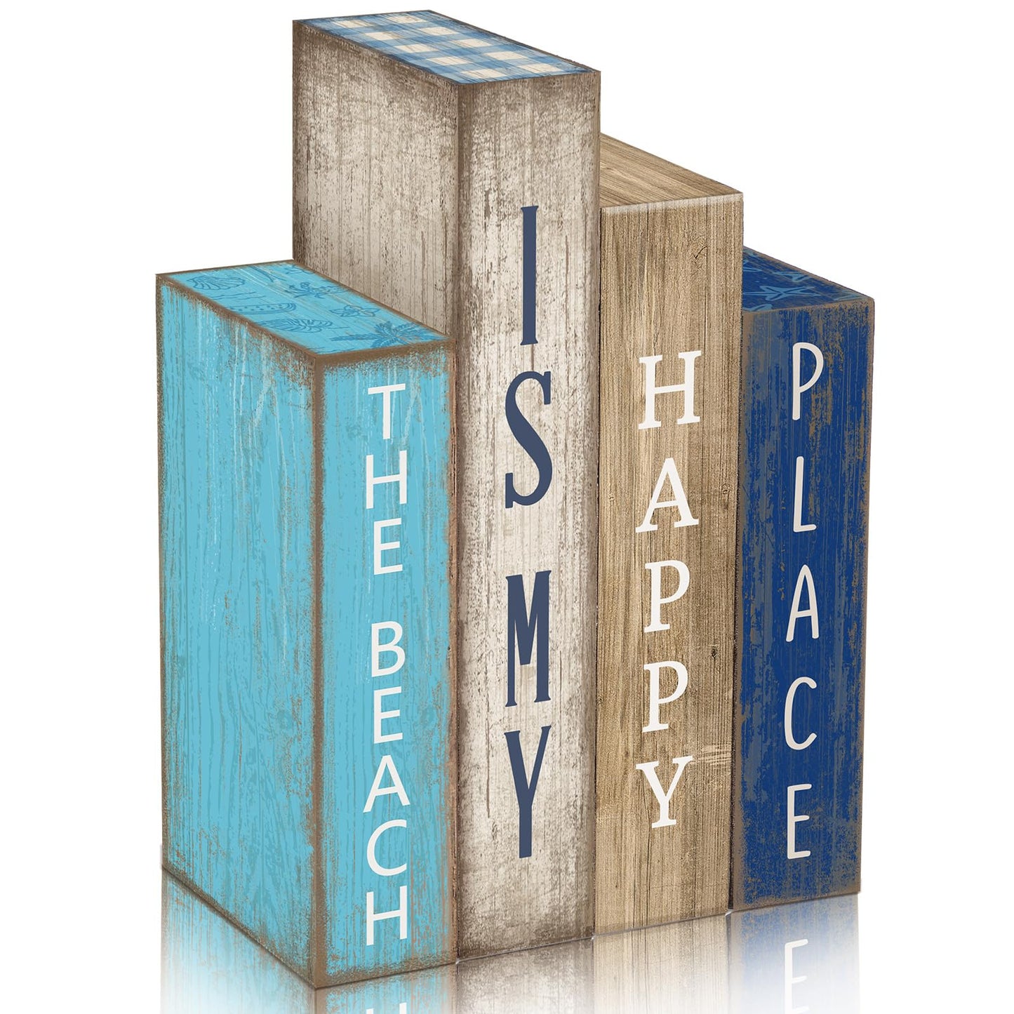 Lineshading 4 Pcs Summer Table Decoration Wooden Book Coastal Beach Decoration Blue and White Summer Tiered Tray Decor Wood Book Signs Farmhouse for Ocean Party Home Shelf Coffee Table