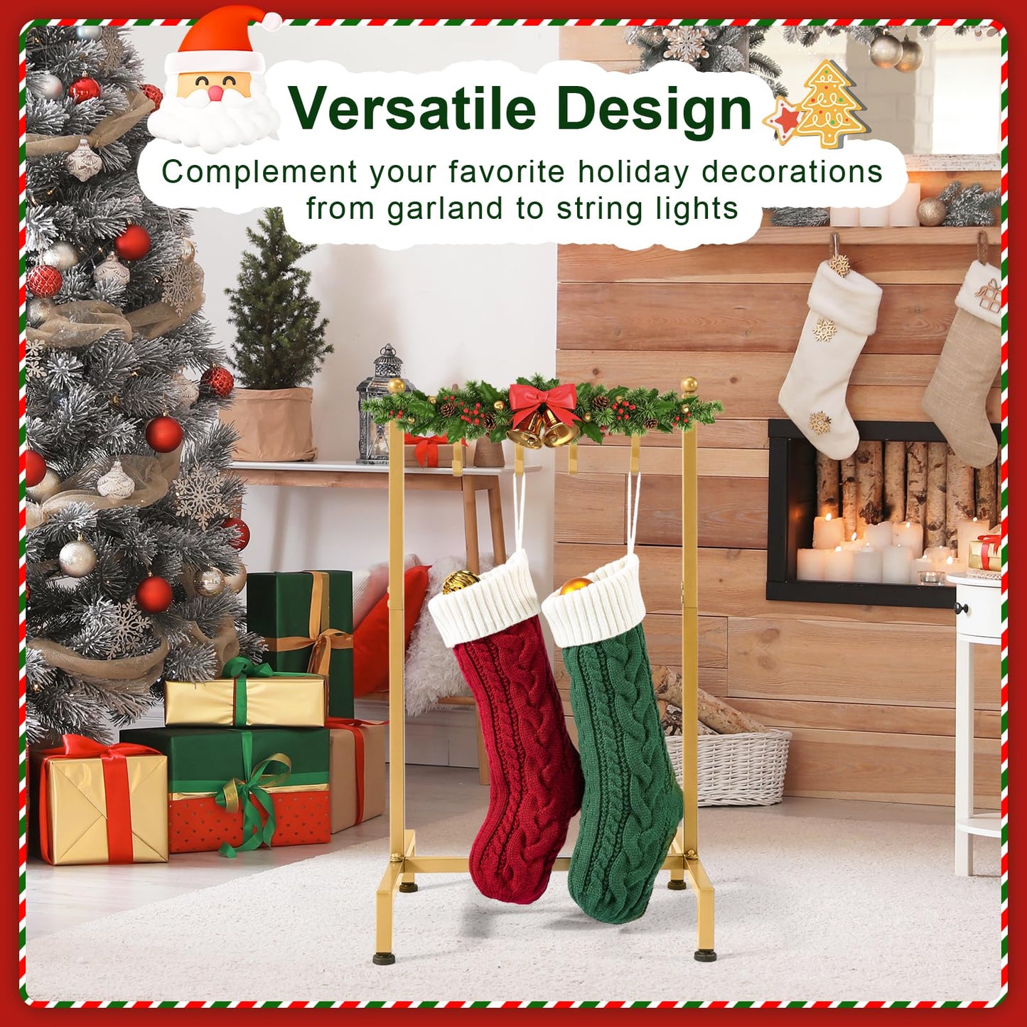 ELYKEN Christmas Stocking Holder, Free Standing Stocking Rack with 4 Removable Hooks, Small Stocking Stand, Heavy Duty Metal Tubes with Stable Base and Adjustable Feet, Gold