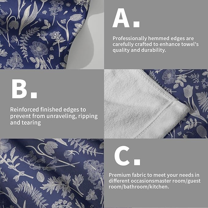 Blue Spring Floral Hand Towels for Bathroom Set of 2 Flower Leaves Vintage