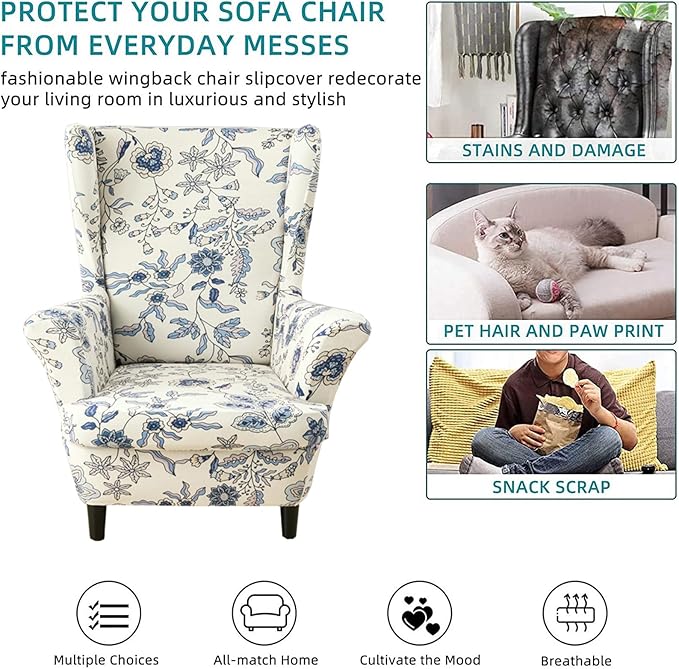 KRFOONN Velvet Wing Chair Slipcovers 2 Piece Stretch Printed Wingback Chair