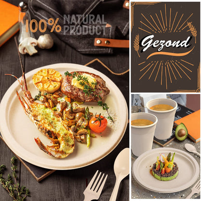 Gezond 350pcs Compostable Paper Plates Set Eco-friendly Heavy-duty Disposable Paper Plates Cutlery Includes Eco-friendly Plate, Forks, Knives, Spoons, Cups and Straws for Wedding Party, 50 Guests