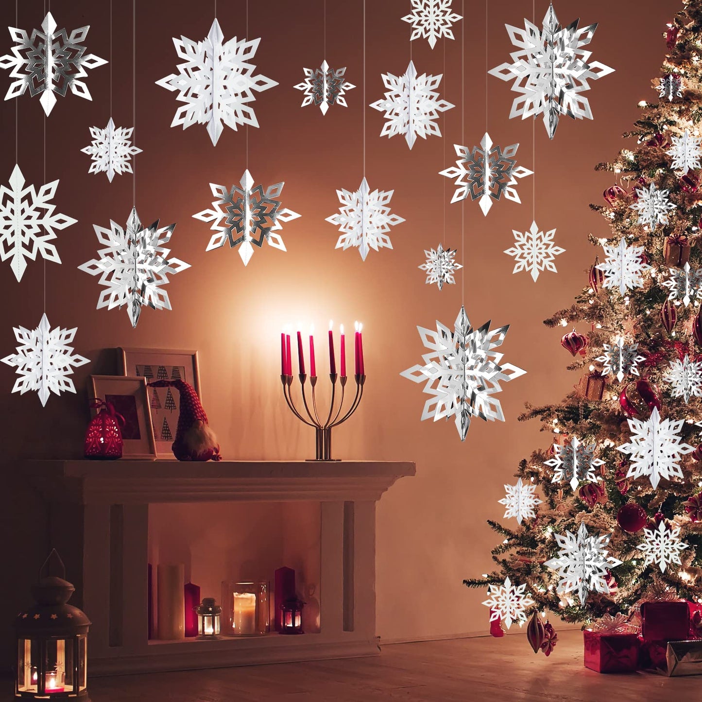 24pcs 3D Snowflake Ornaments - 3 Sizes, Frozen Christmas & Baby Shower Decorations, White & Silvery