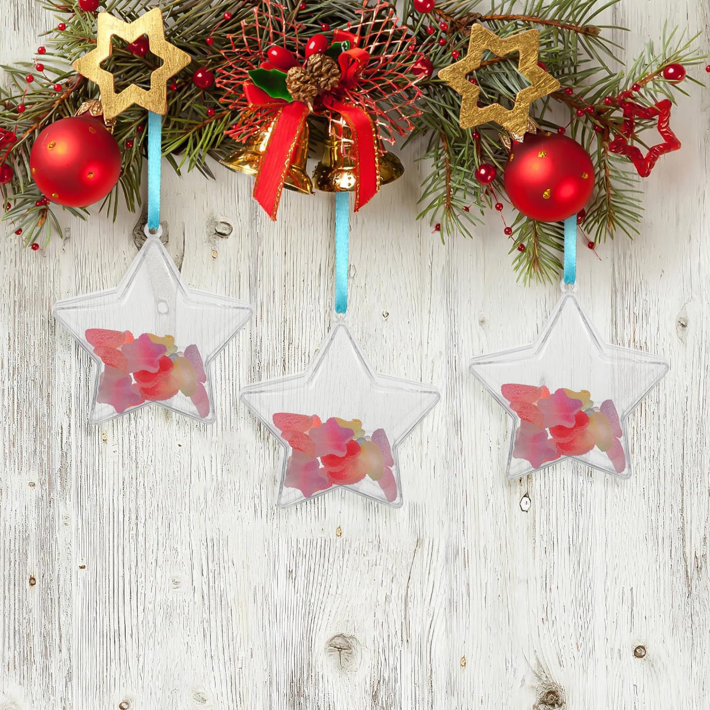 MAGICLULU 25pcs Clear Star Shaped Candy Boxes, Fillable Plastic Treat Containers, Hanging Transparent Baubles for Christmas Tree Ornament And Holiday Party Favors