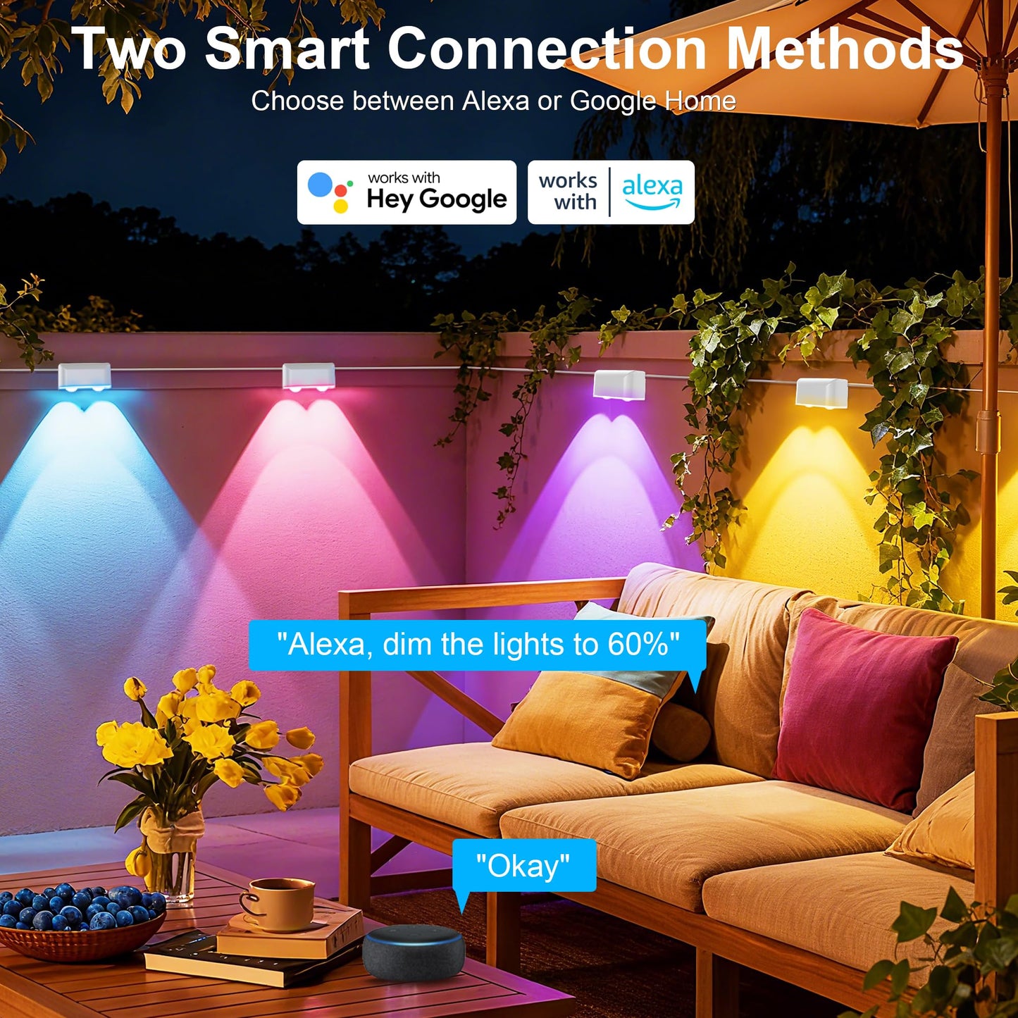 KIALUSH Outdoor Deck Lights, 8 Lights Smart Fence Lights Compatible with Alexa & Google Home, IP65 LED Patio Deck Lighting with Remote, Fence Lighting Music Sync for Patio Yard Garden(52.4ft)
