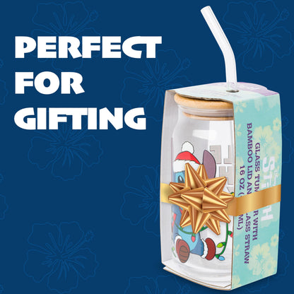 Silver Buffalo Disney Lilo and Stitch “Jingle All the Way” Glass Tumbler with Bamboo Lid and Glass Straw Featuring Stitch, 16 Ounces