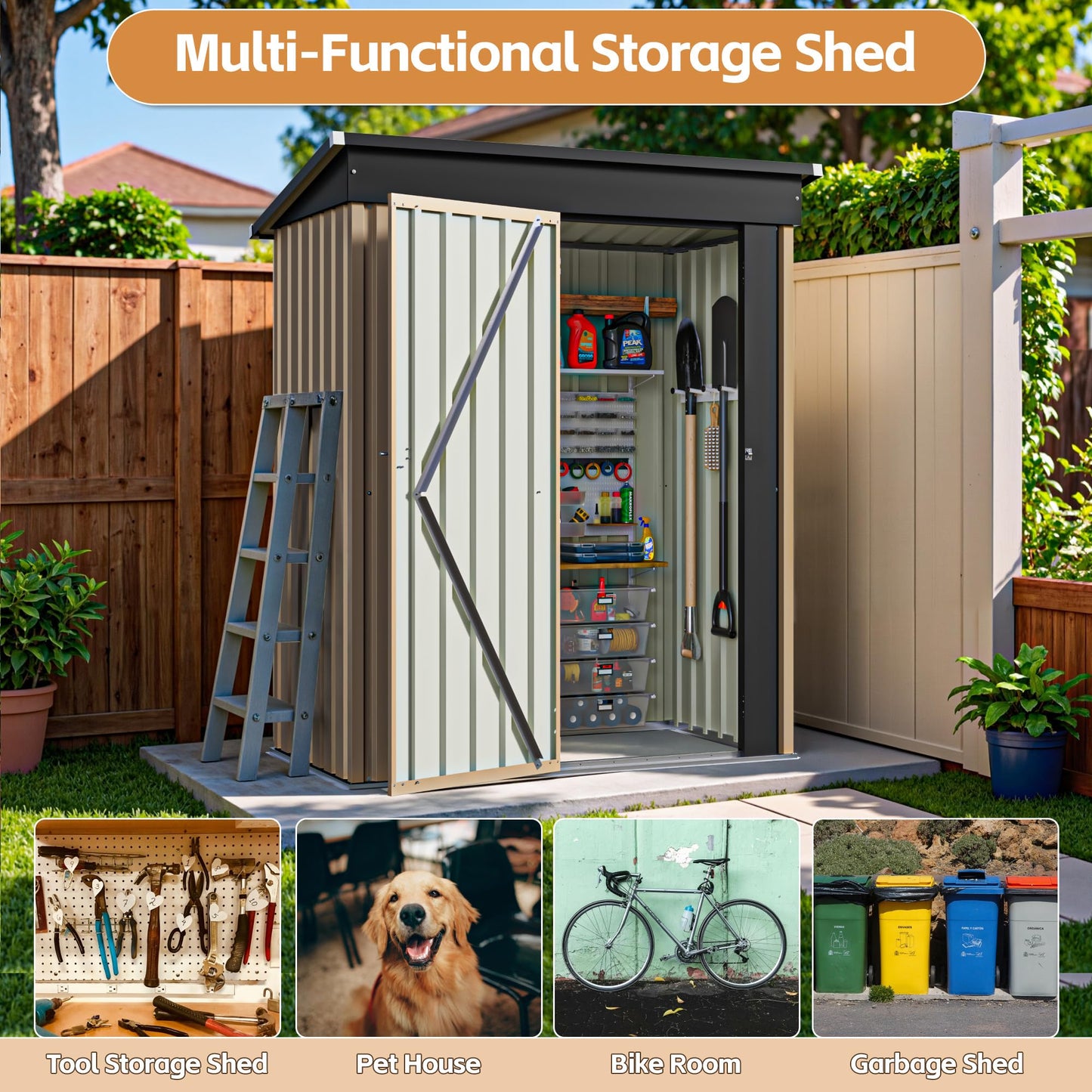Greesum 5×3FT Outdoor Storage Shed, Metal Patio Storaged Sheds with Lockable Doors, Sheds & Outdoor Storage for Bike, Backyard, Pool and Garden, Brown