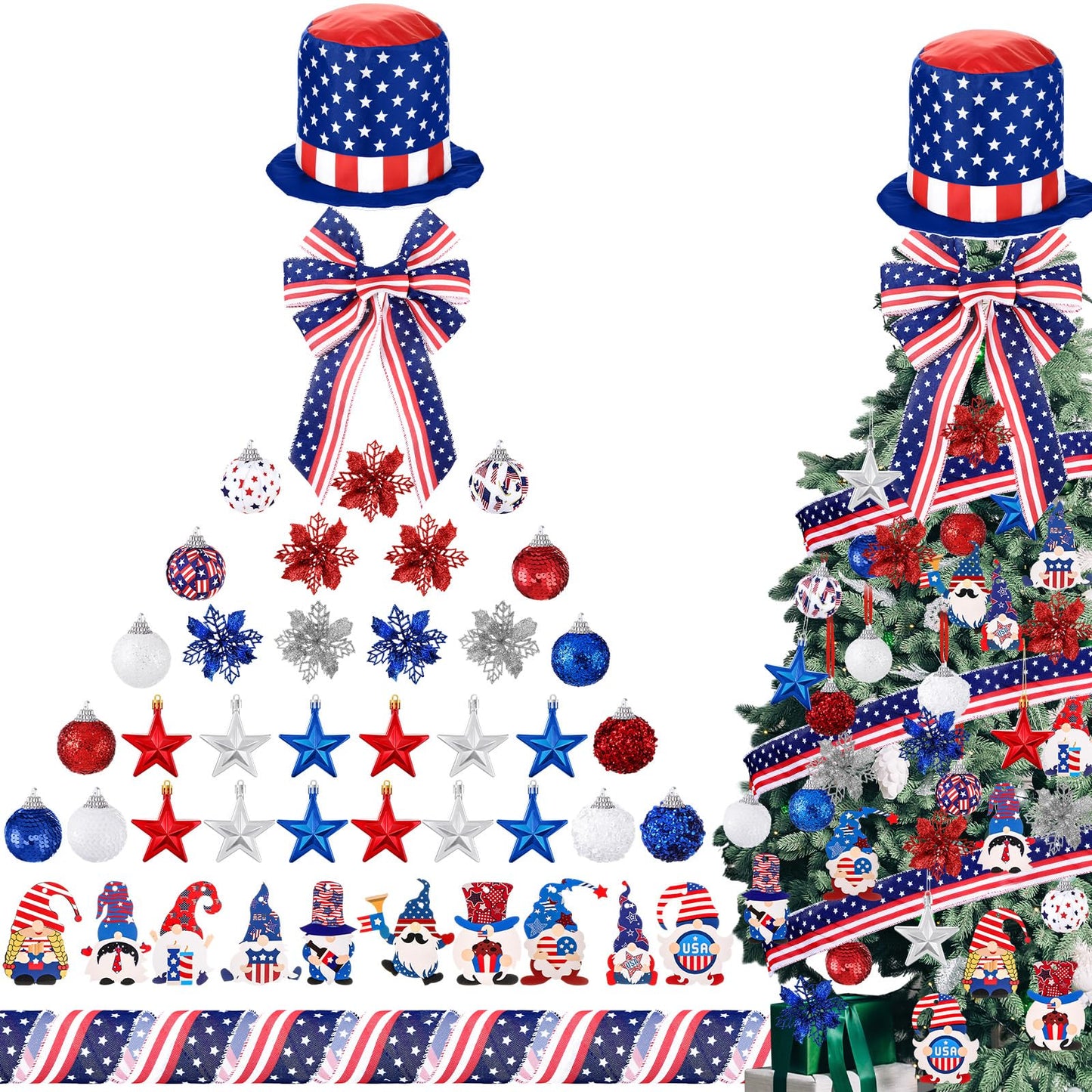 43 Pcs 4th of July Patriotic Tree Decorations Independence Day Christmas Tree Ornaments Ribbon Bow Topper Red White and Blue Hanging Ornaments for National Memorial Day Party