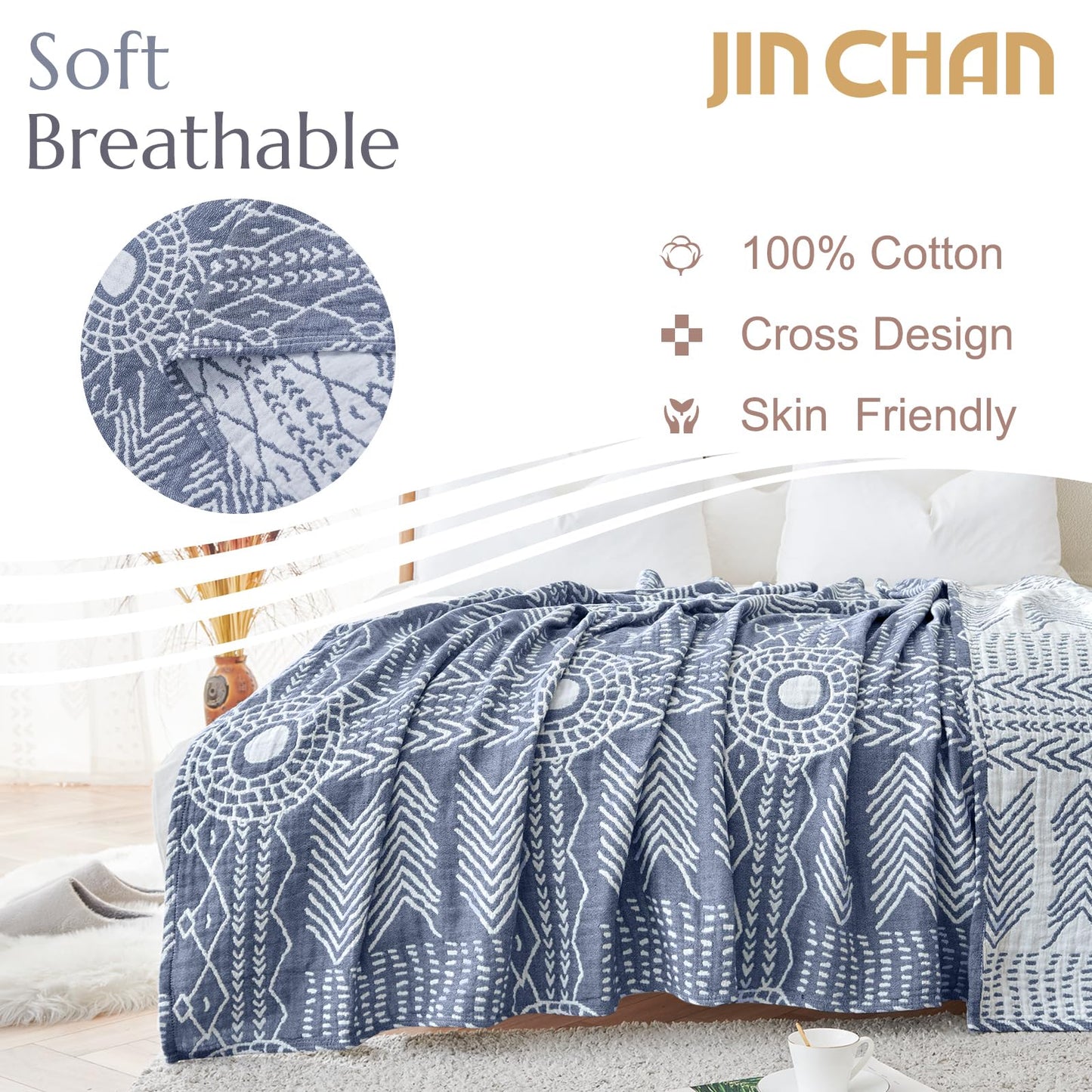 jinchan Boho 100% Cotton Muslin Blanket 3-Layer Queen Size 80x90 Inches Geometric Blue Lightweight Reversible Soft Cozy Comfy Throw for Couch Sofa Bed Coverlet Quilt Large Blanket Bedroom All Seasons