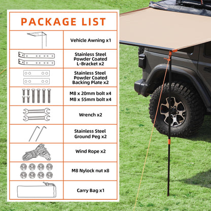 ALL-TOP Vehicle Awning 6.6'x8.2' Roof Rack Pull-Out Sun Shade UV50+, Weatherproof 4x4 Side Awning for Camping & Overland (Hardware Included)