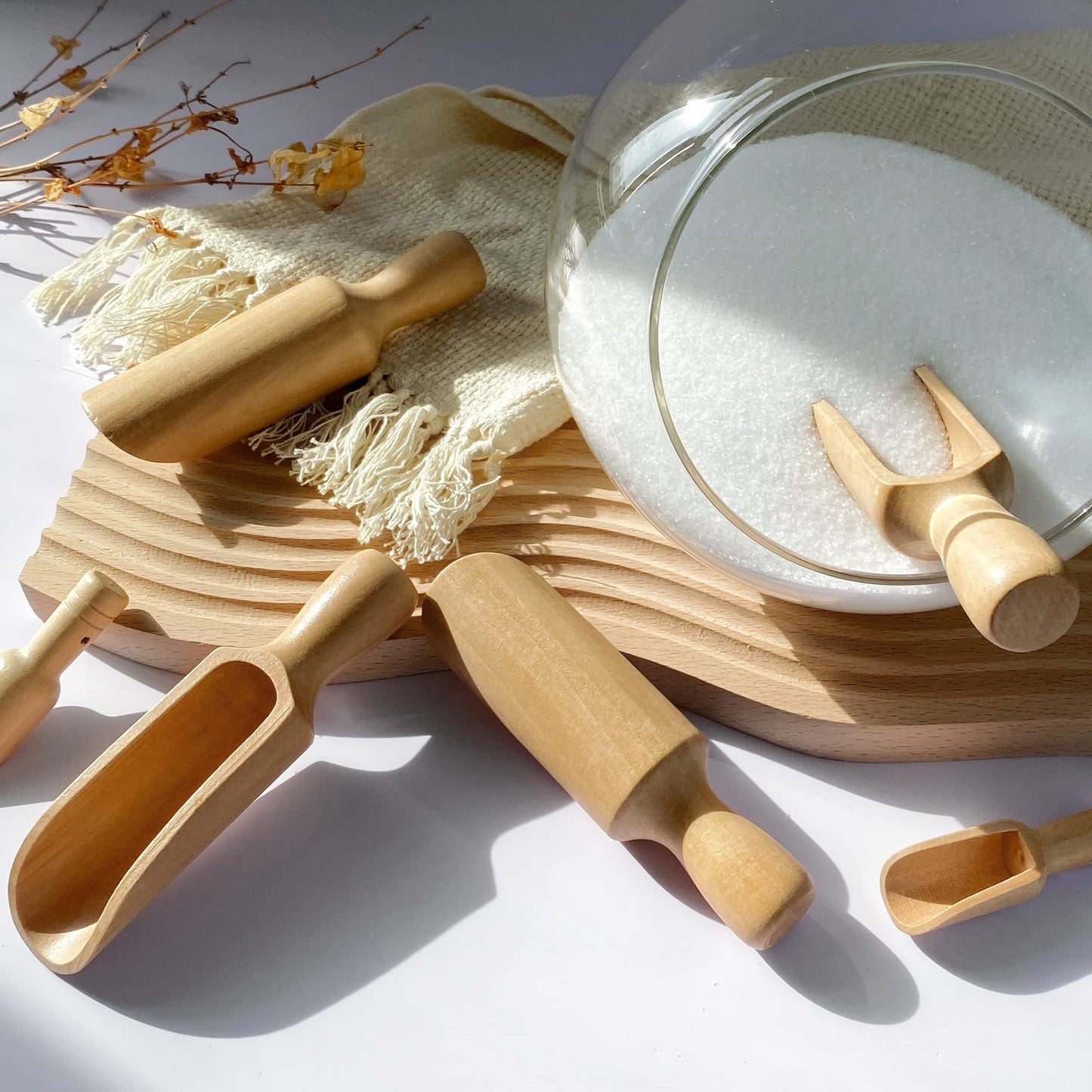 Wooden Scoop (5.5"+3") 2Standard 2Mini bath salt scoop Natural Beech Wood Scoop for Flour, Bath Salt, Sugar, Cereal, Coffee and More - Multipurpose Wooden Spoon